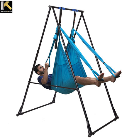 Air Yoga Equipment Set Includes, Blue Aerial Yoga Hammock and the Height-Adjustable Foldable Sturdy Durable Kt Yoga Swing Stand Frame