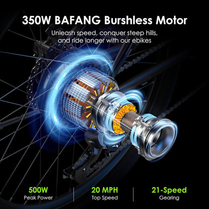 Adult Electric Bike, 350W BAFANG Motor 500W Peak, 4A 3H Fast Charging, 468Wh Li-Ion Battery, 21 Speed Gears, Air Saddle