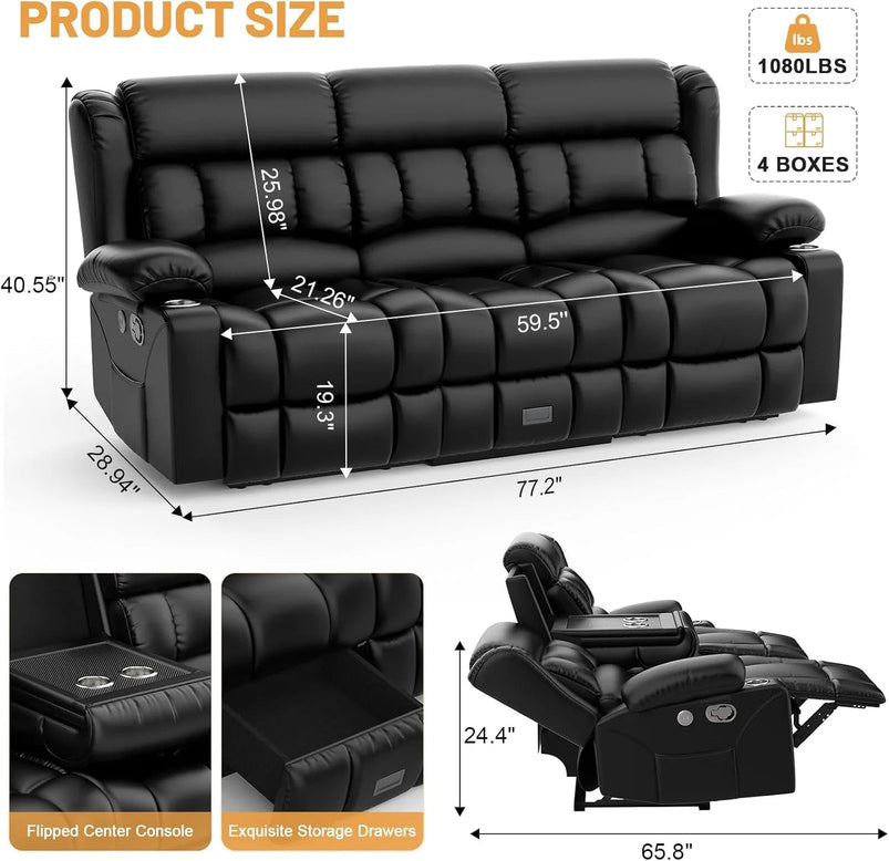 3 Seat Reclining Sofa with Storage Drawer USB Ports and Cup Holders Manual Couch