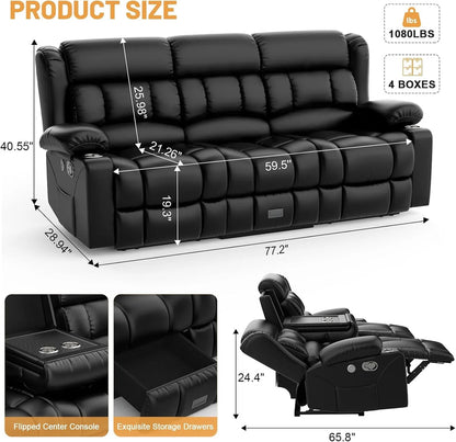 3 Seat Reclining Sofa with Storage Drawer USB Ports and Cup Holders Manual Couch