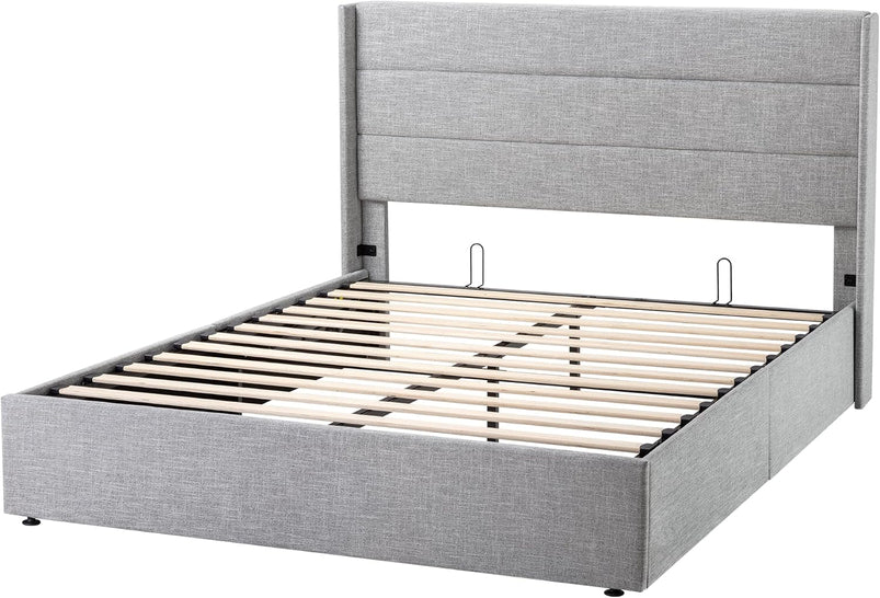 Allewie Queen Size Lift up Storage Bed, Modern Wingback Headboard, Hydraulic Support, Light Beige