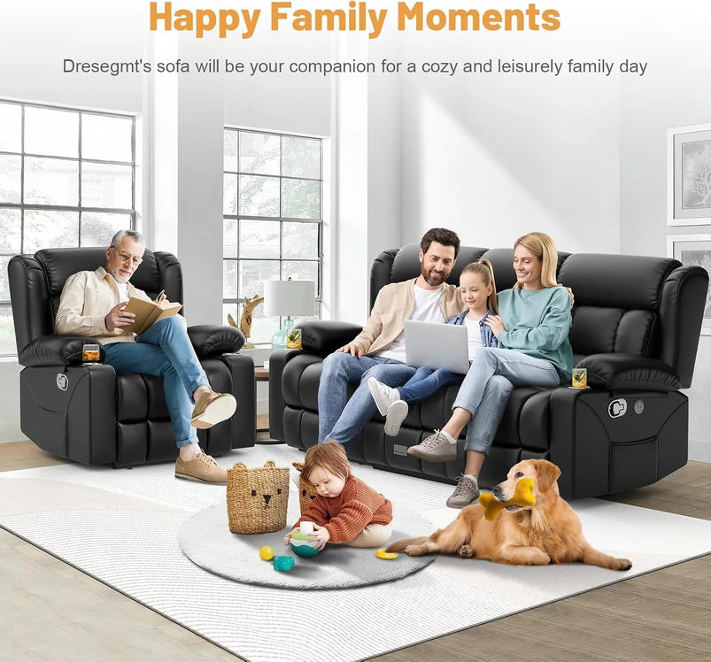 3 Seat Reclining Sofa with Storage Drawer USB Ports and Cup Holders Manual Couch