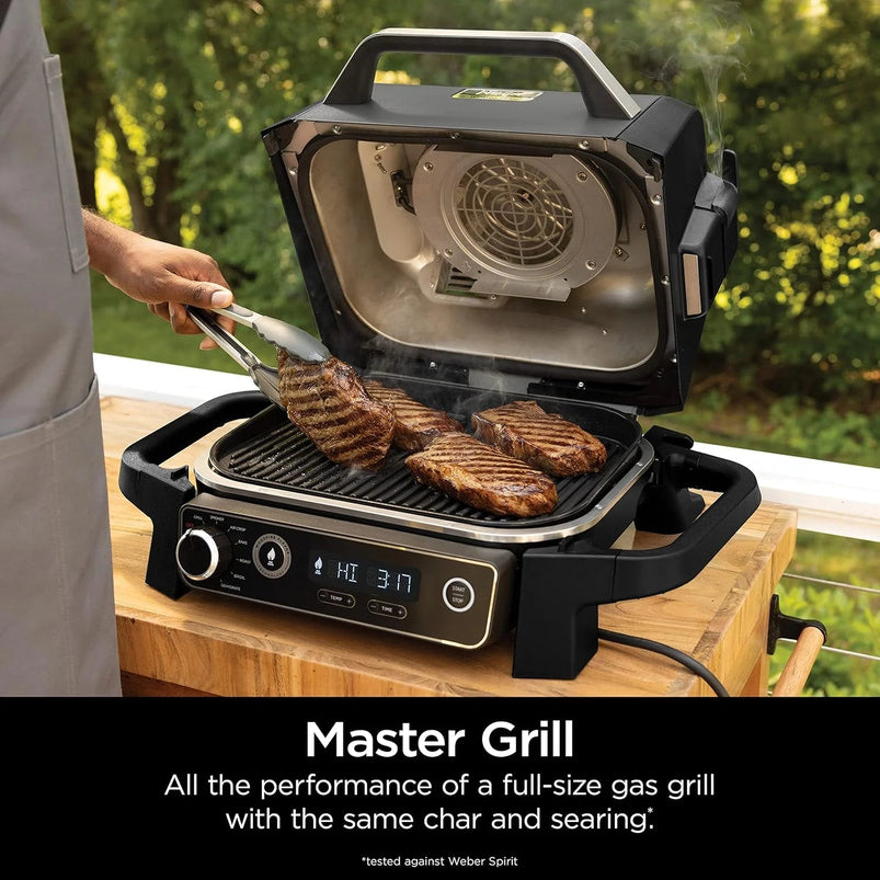 7-in-1 Grill and Smoker with Thermometer, Air Fryer, BBQ, Bake, Roast, Broil, Portable Electric Outdoor Grill, Grey