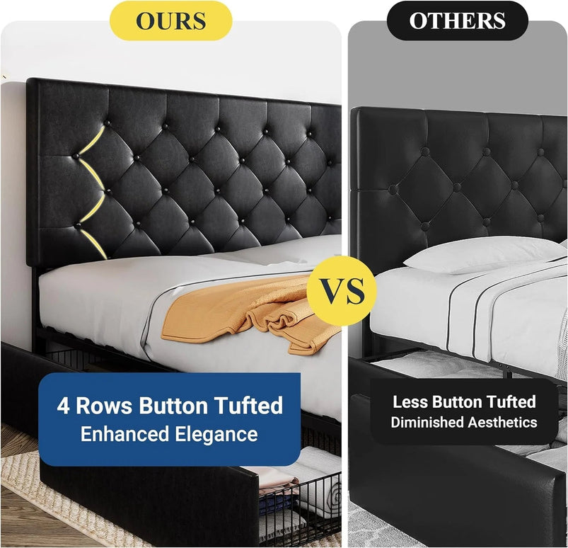 Allewie Upholstered Queen Size Platform Bed Frame with 4 Storage Drawers and Headboard, Square Stitched Button Tufted