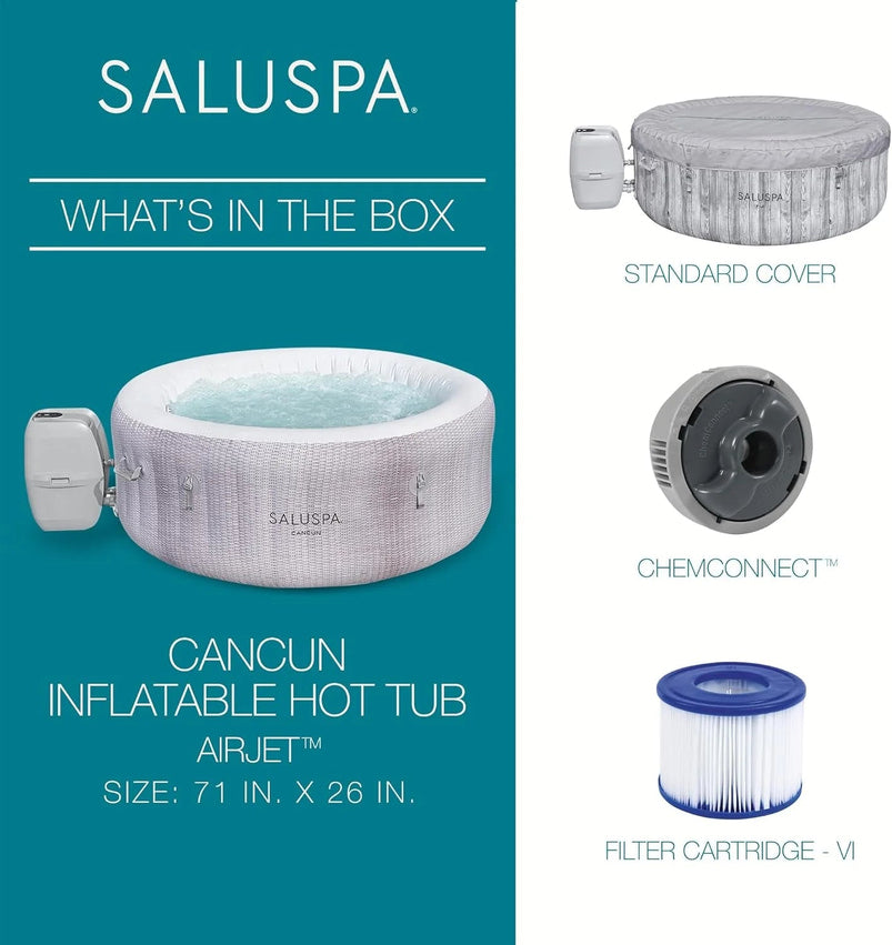 Bestway Saluspa Fiji Airjet Large Round 2 to 4 Person Inflatable Hot Tub Portable Outdoor Spa with 120 Airjets and Energysense Cover, Grey
