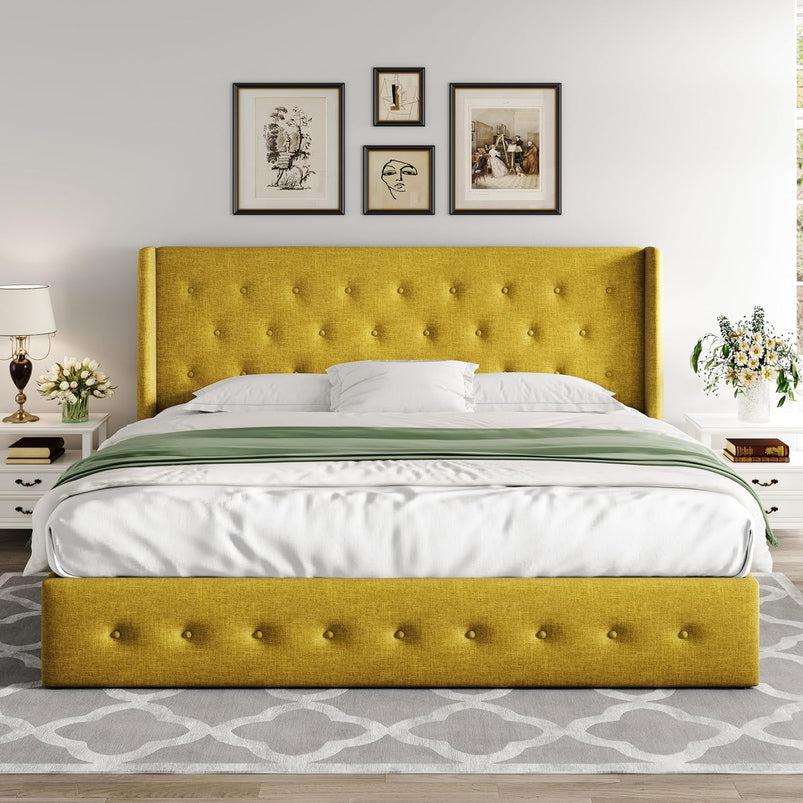 Allewie Queen Size Lift up Storage Bed, Modern Wingback Headboard, Hydraulic Support, Light Beige