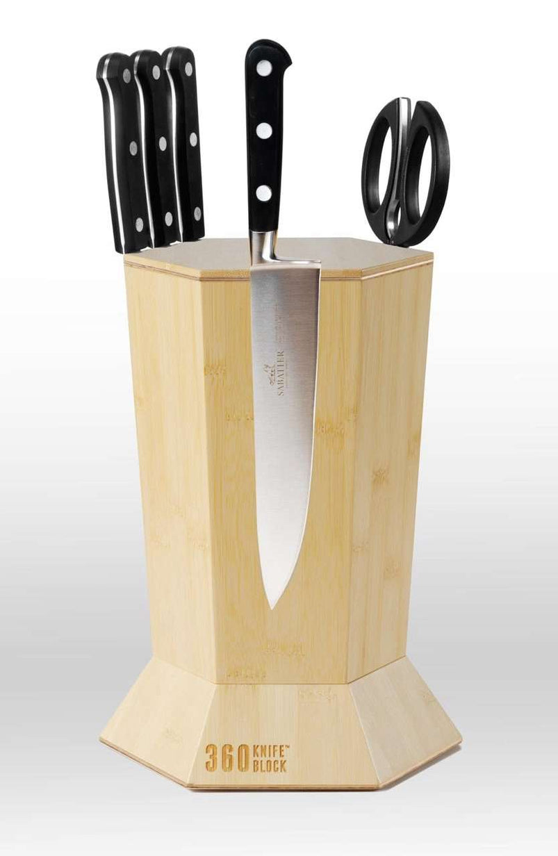 360 Knife Block, Blonde Bamboo Rotating, Magnetic, Universal Knife Block