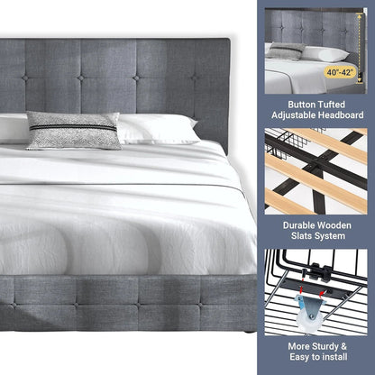 Allewie Upholstered Queen Size Platform Bed Frame with 4 Storage Drawers and Headboard, Square Stitched Button Tufted
