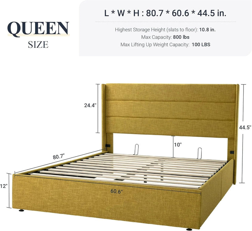 Allewie Queen Size Lift up Storage Bed, Modern Wingback Headboard, Hydraulic Support, Light Beige