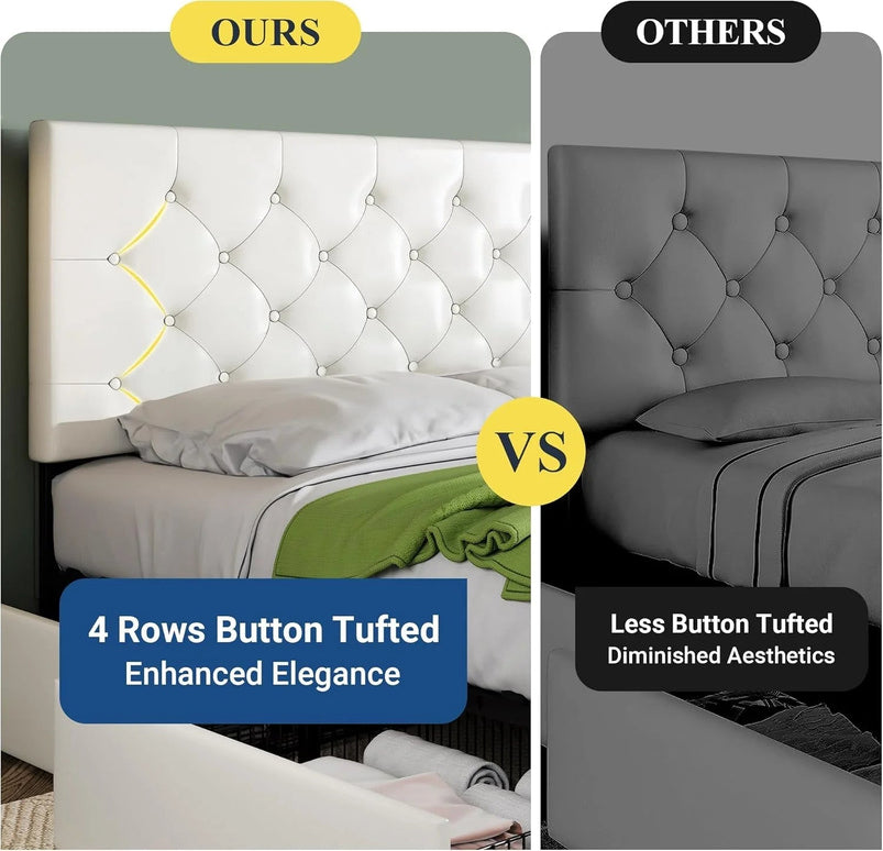 Allewie Upholstered Queen Size Platform Bed Frame with 4 Storage Drawers and Headboard, Square Stitched Button Tufted