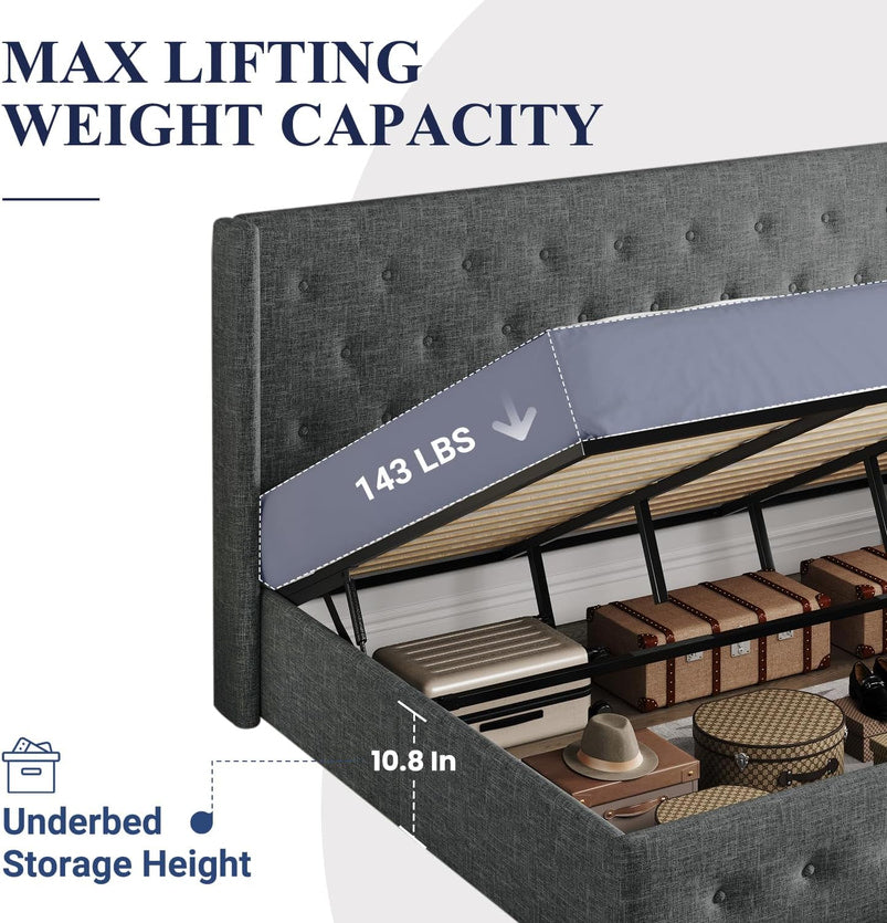 Allewie Queen Size Lift up Storage Bed, Modern Wingback Headboard, Hydraulic Support, Light Beige
