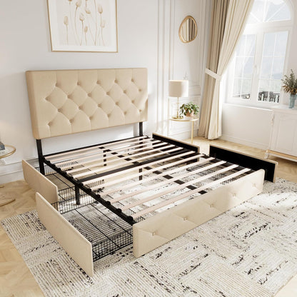 Allewie Upholstered Queen Size Platform Bed Frame with 4 Storage Drawers and Headboard, Square Stitched Button Tufted
