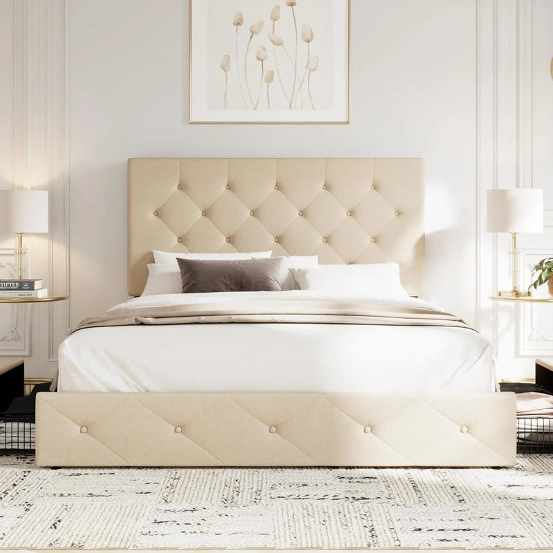 Allewie Upholstered Queen Size Platform Bed Frame with 4 Storage Drawers and Headboard, Square Stitched Button Tufted
