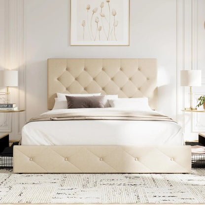 Allewie Upholstered Queen Size Platform Bed Frame with 4 Storage Drawers and Headboard, Square Stitched Button Tufted