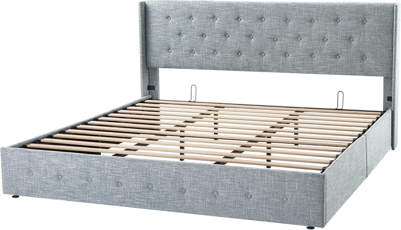 Allewie Queen Size Lift up Storage Bed, Modern Wingback Headboard, Hydraulic Support, Light Beige