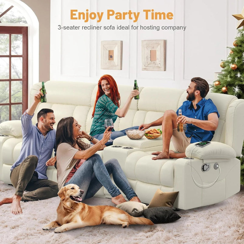 3 Seat Reclining Sofa with Storage Drawer USB Ports and Cup Holders Manual Couch