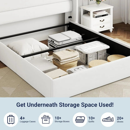 Allewie Queen Size Lift up Storage Bed, Modern Wingback Headboard, Hydraulic Support, Light Beige