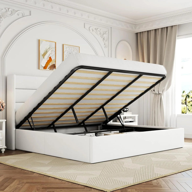 Allewie Queen Size Lift up Storage Bed, Modern Wingback Headboard, Hydraulic Support, Light Beige