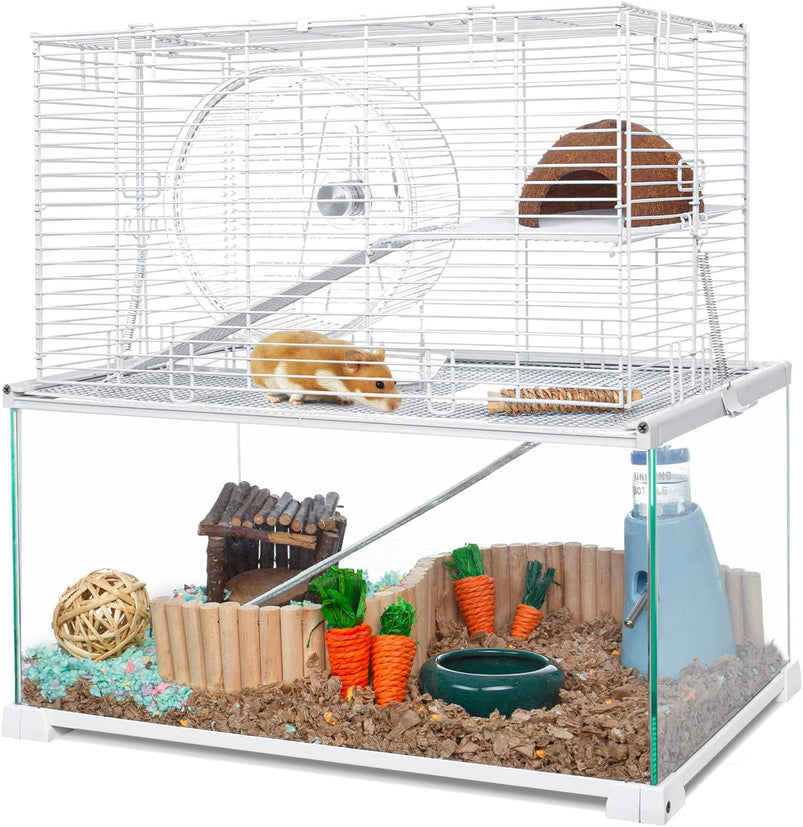 3 Tiers Large Hamster Cages, Glass Hamster Cage Habitat with Openable Wire Topper