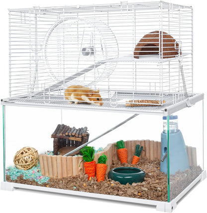 3 Tiers Large Hamster Cages, Glass Hamster Cage Habitat with Openable Wire Topper