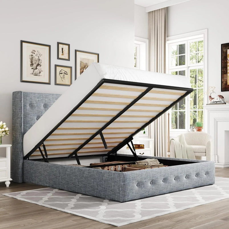 Allewie Queen Size Lift up Storage Bed, Modern Wingback Headboard, Hydraulic Support, Light Beige