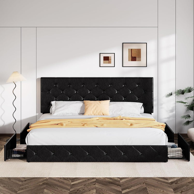 Allewie Upholstered Queen Size Platform Bed Frame with 4 Storage Drawers and Headboard, Square Stitched Button Tufted