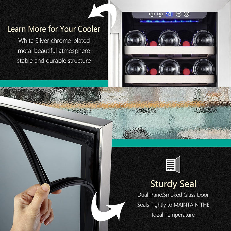 24 Inch Wine Cooler, 46 Bottle, Dual Zone Built-in or Freestanding Fridge with Stainless Steel Reversible Glass Door, for Home, Kitchen, or Office