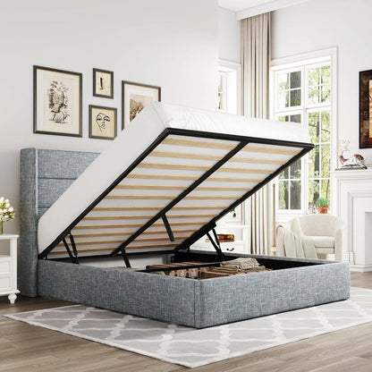 Allewie Queen Size Lift up Storage Bed, Modern Wingback Headboard, Hydraulic Support, Light Beige