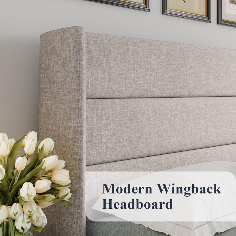 Allewie Queen Size Lift up Storage Bed, Modern Wingback Headboard, Hydraulic Support, Light Beige