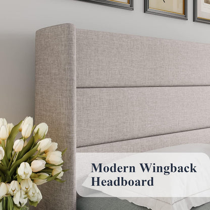 Allewie Queen Size Lift up Storage Bed, Modern Wingback Headboard, Hydraulic Support, Light Beige