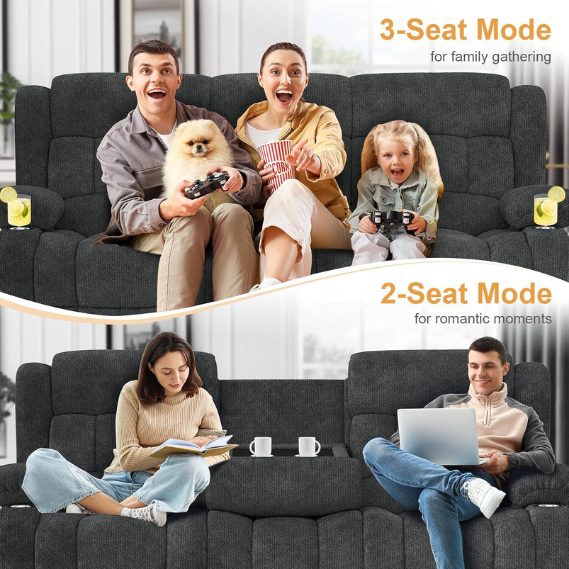 3 Seat Reclining Sofa with Storage Drawer USB Ports and Cup Holders Manual Couch