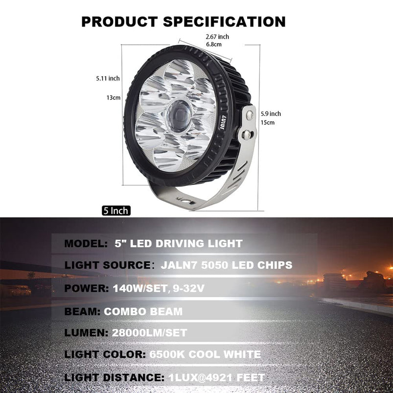 5 Inch 140W DHF10 LED Fog Lights 28000LM Floodlights and Spotlights Round Off-Road LED Pod Assist Lights Strip Driving Bumpers, Trucks, ATV Cars