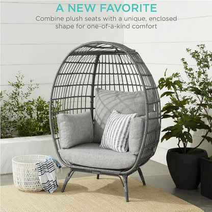 Best Choice Products Wicker Egg Chair, Oversized Indoor Outdoor Lounger for Patio, Backyard, Living Room W/ 4 Cushions, Steel Frame, 440lb Capacity
