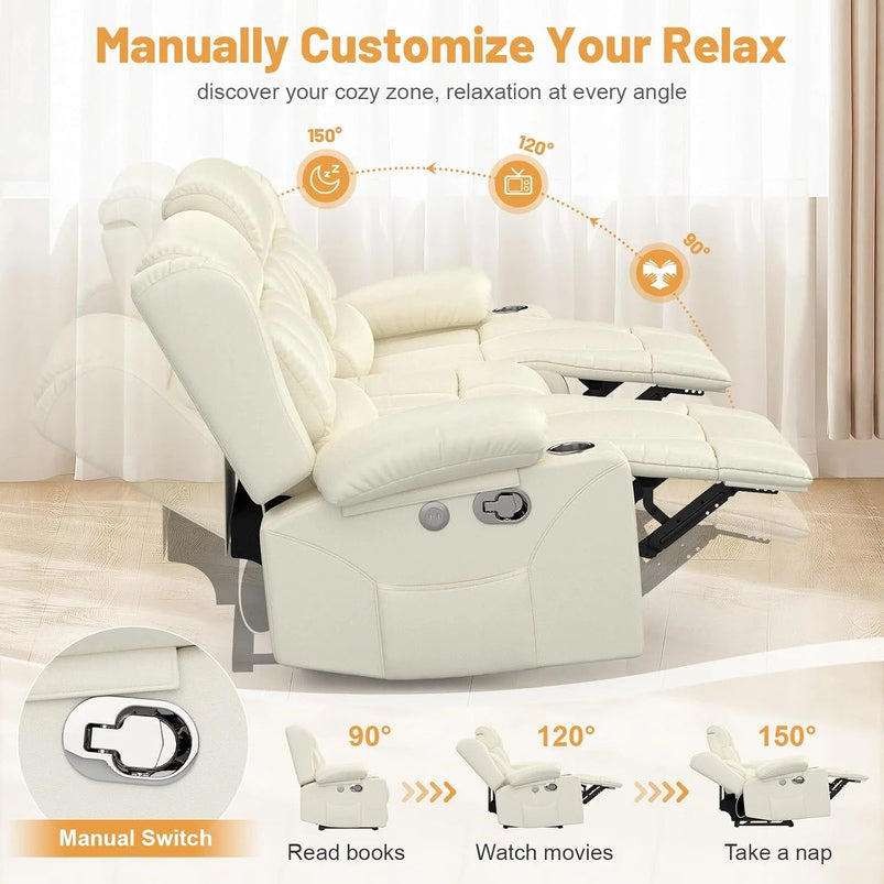 3 Seat Reclining Sofa with Storage Drawer USB Ports and Cup Holders Manual Couch