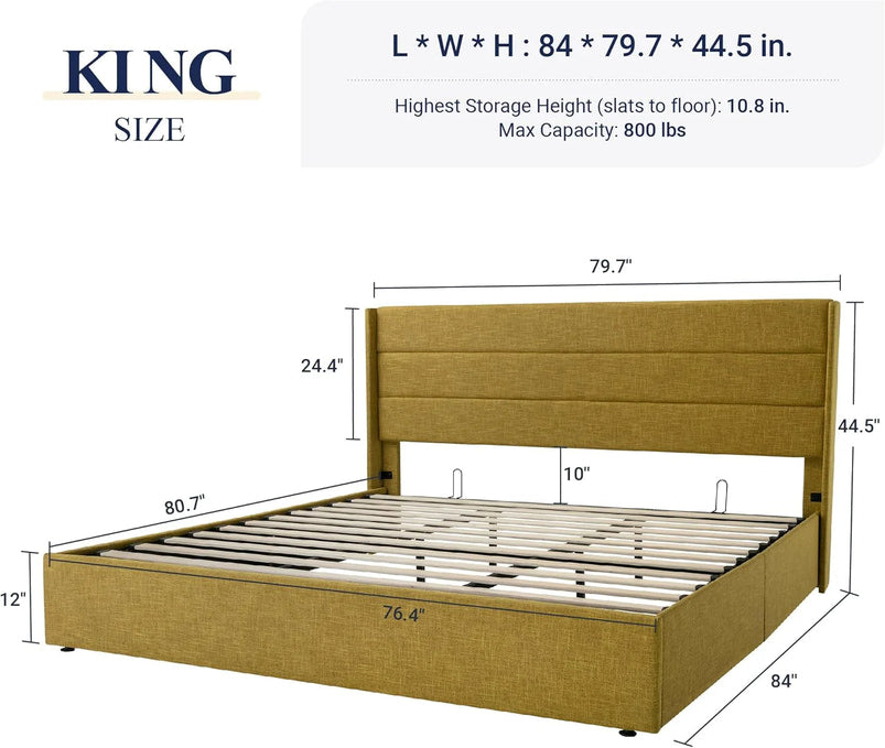 Allewie Queen Size Lift up Storage Bed, Modern Wingback Headboard, Hydraulic Support, Light Beige