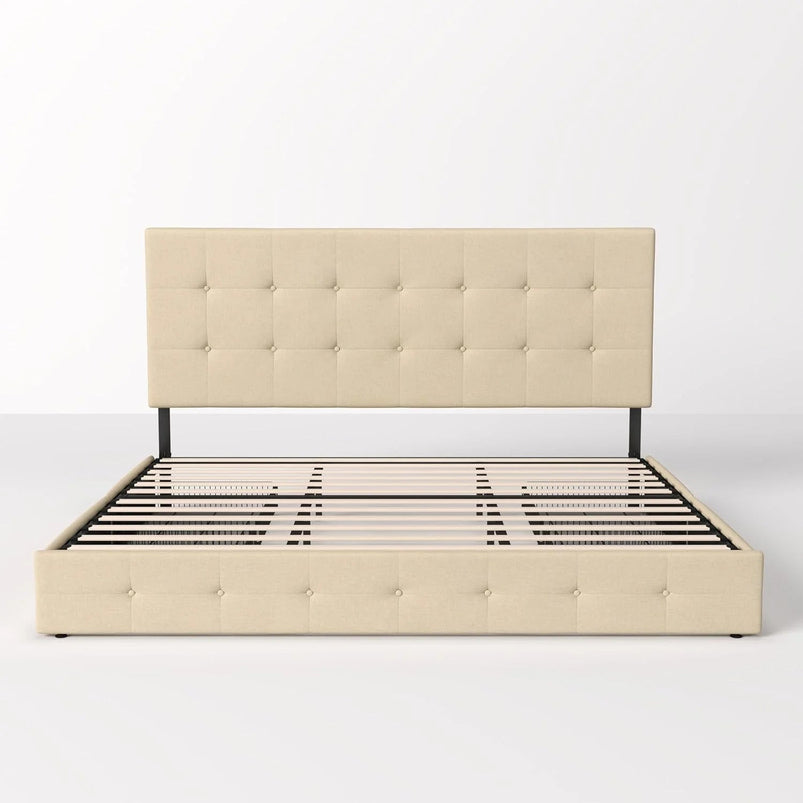 Allewie Upholstered Queen Size Platform Bed Frame with 4 Storage Drawers and Headboard, Square Stitched Button Tufted