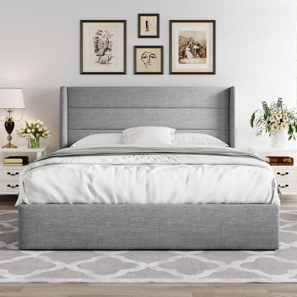 Allewie Queen Size Lift up Storage Bed, Modern Wingback Headboard, Hydraulic Support, Light Beige