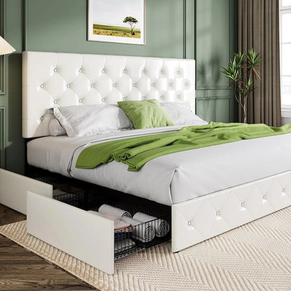 Allewie Upholstered Queen Size Platform Bed Frame with 4 Storage Drawers and Headboard, Square Stitched Button Tufted