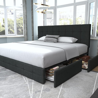 Allewie Upholstered Queen Size Platform Bed Frame with 4 Storage Drawers and Headboard, Square Stitched Button Tufted