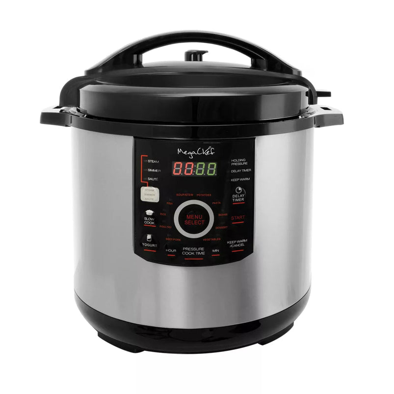 MegaChef 12 Quart Steel Digital Pressure Cooker with 15 Presets and Glass Lid