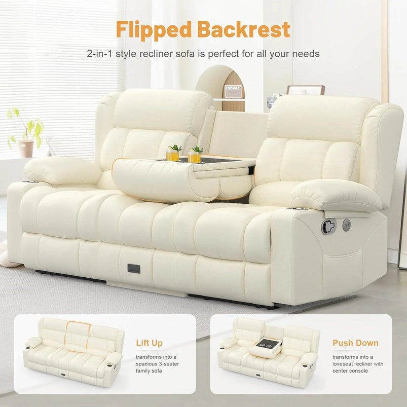 3 Seat Reclining Sofa with Storage Drawer USB Ports and Cup Holders Manual Couch
