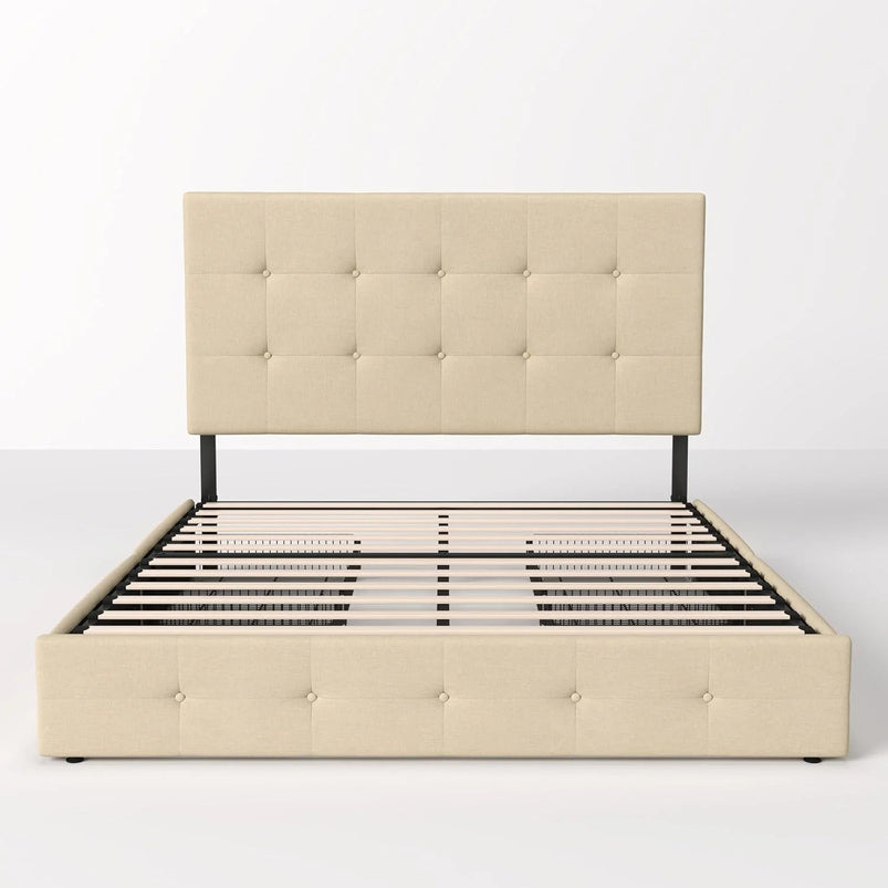 Allewie Upholstered Queen Size Platform Bed Frame with 4 Storage Drawers and Headboard, Square Stitched Button Tufted