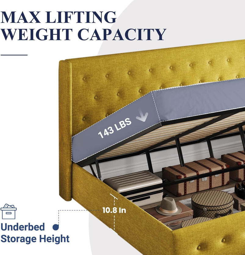 Allewie Queen Size Lift up Storage Bed, Modern Wingback Headboard, Hydraulic Support, Light Beige