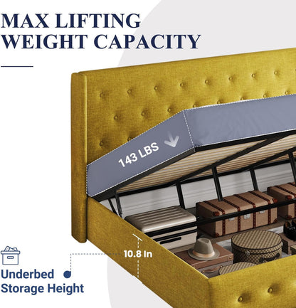 Allewie Queen Size Lift up Storage Bed, Modern Wingback Headboard, Hydraulic Support, Light Beige