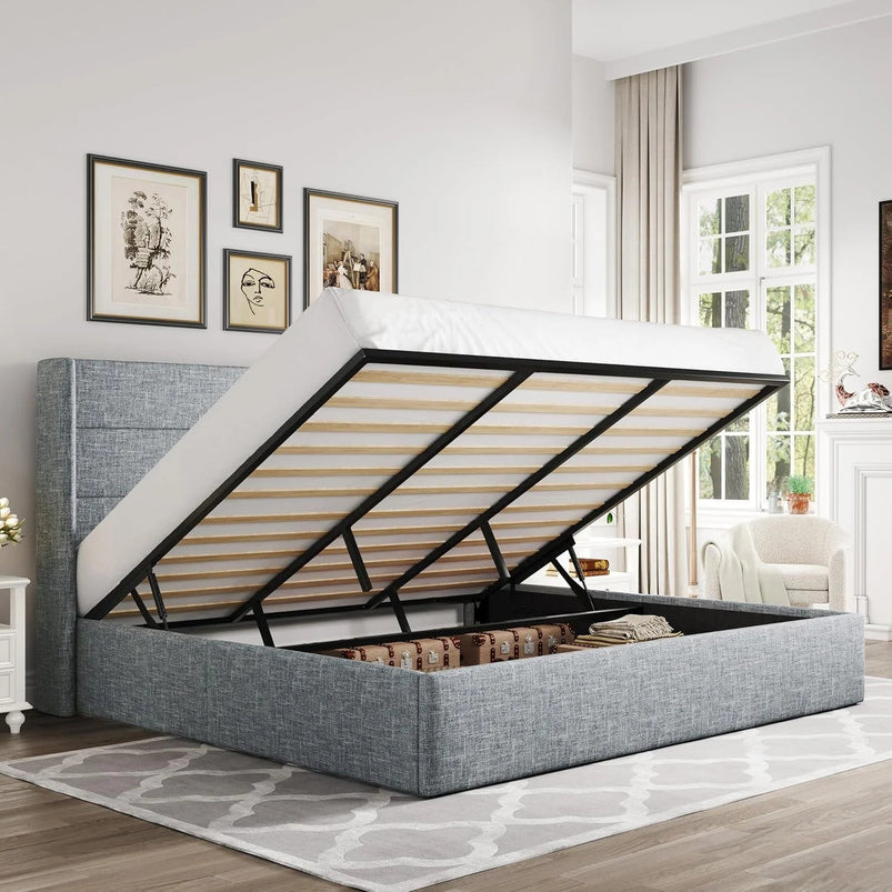 Allewie Queen Size Lift up Storage Bed, Modern Wingback Headboard, Hydraulic Support, Light Beige