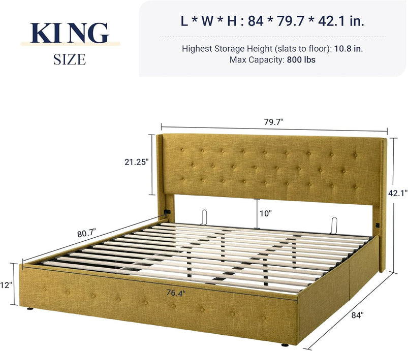 Allewie Queen Size Lift up Storage Bed, Modern Wingback Headboard, Hydraulic Support, Light Beige