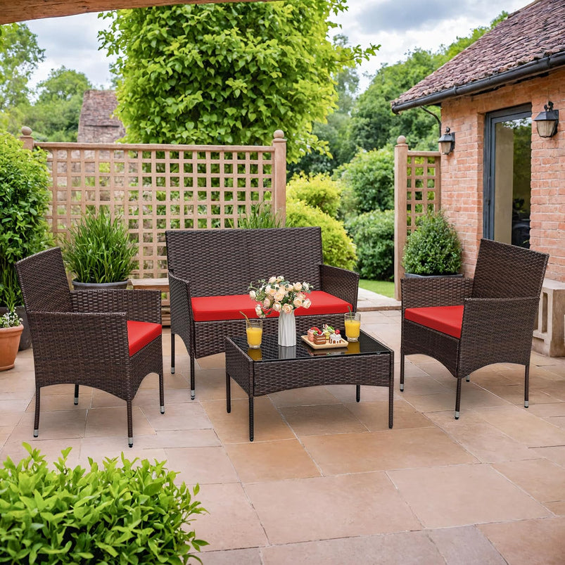 4 Pieces Patio Rattan Chair Wicker, Outdoor Indoor Use Backyard Porch Garden Poolside Balcony Furniture Sets Red
