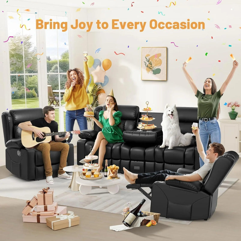 3 Seat Reclining Sofa with Storage Drawer USB Ports and Cup Holders Manual Couch