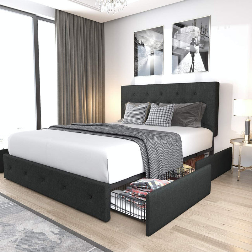 Allewie Upholstered Queen Size Platform Bed Frame with 4 Storage Drawers and Headboard, Square Stitched Button Tufted