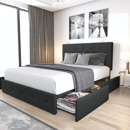 Allewie Upholstered Queen Size Platform Bed Frame with 4 Storage Drawers and Headboard, Square Stitched Button Tufted